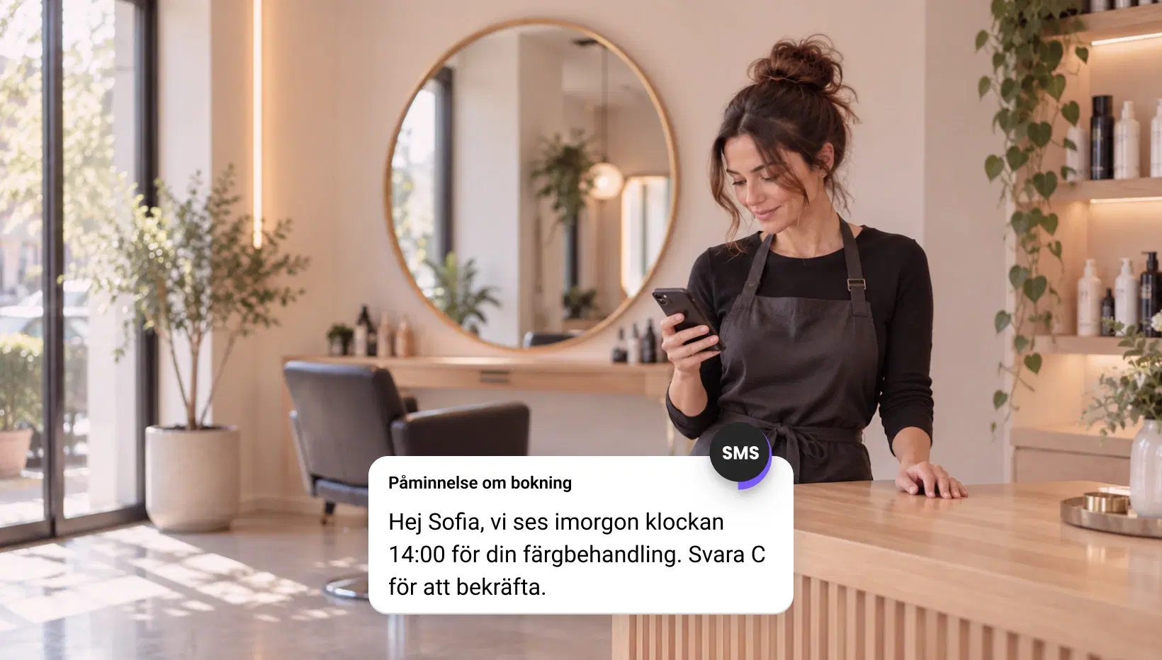 Salongsägare som läser en sms-påminnelse om en bokning på sin telefon