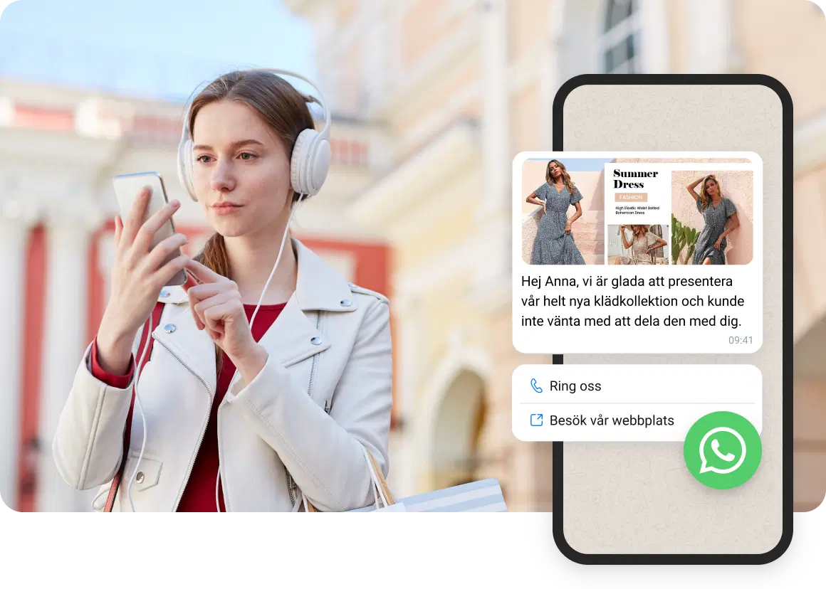 Flicka med vita hörlurar som läser WhatsApp-meddelanden från e-handel