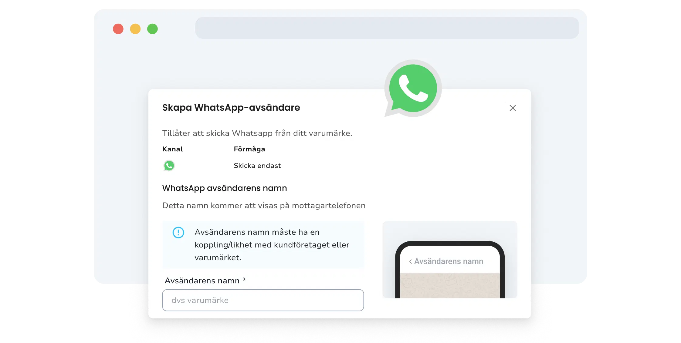Skärmdump av sidan för att skicka in WhatsApp-avsändare i TopMessage.