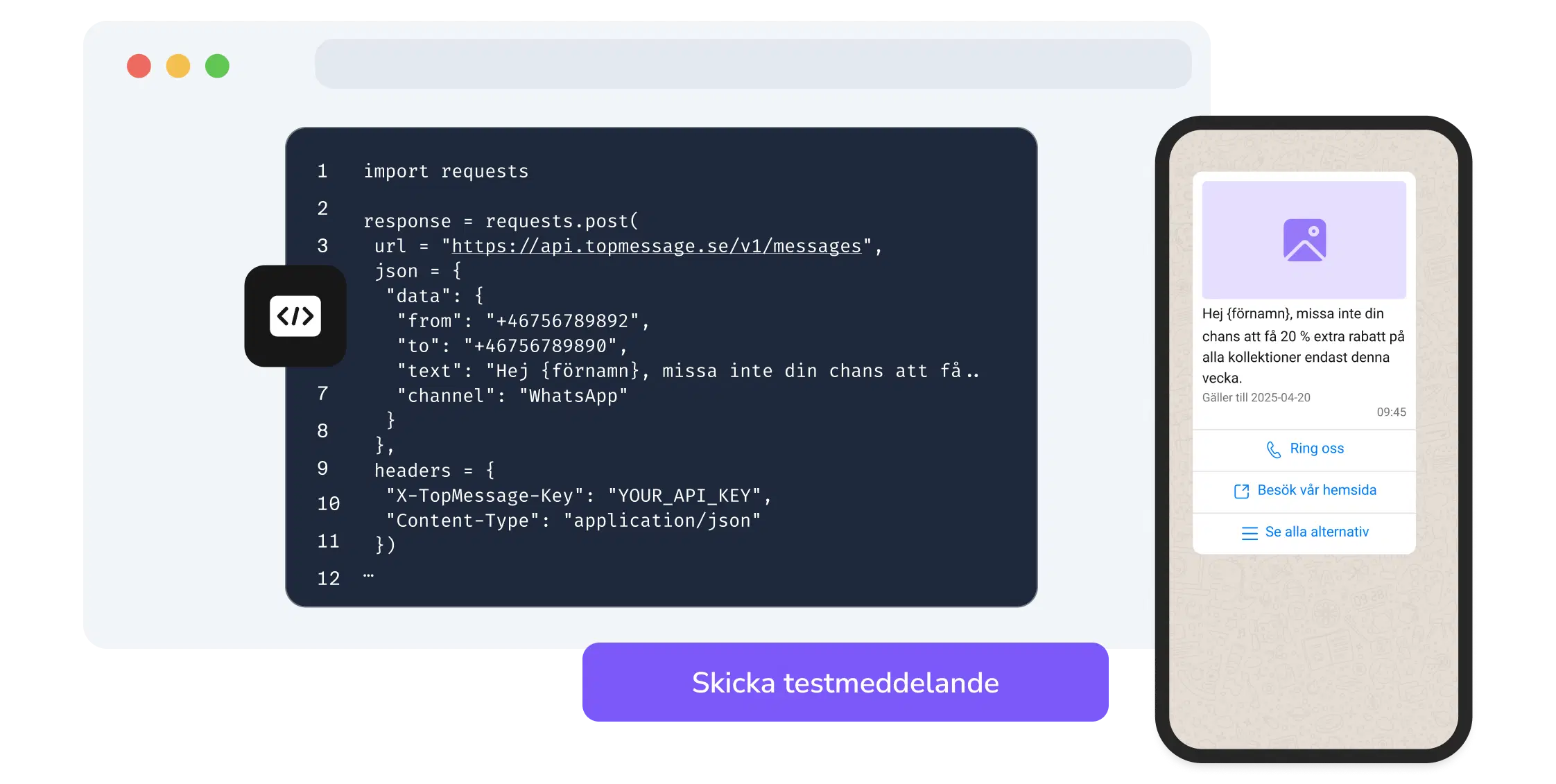Skärmdump av API-sidan i TopMessage som visar testfunktionen för WhatsApp-kod.