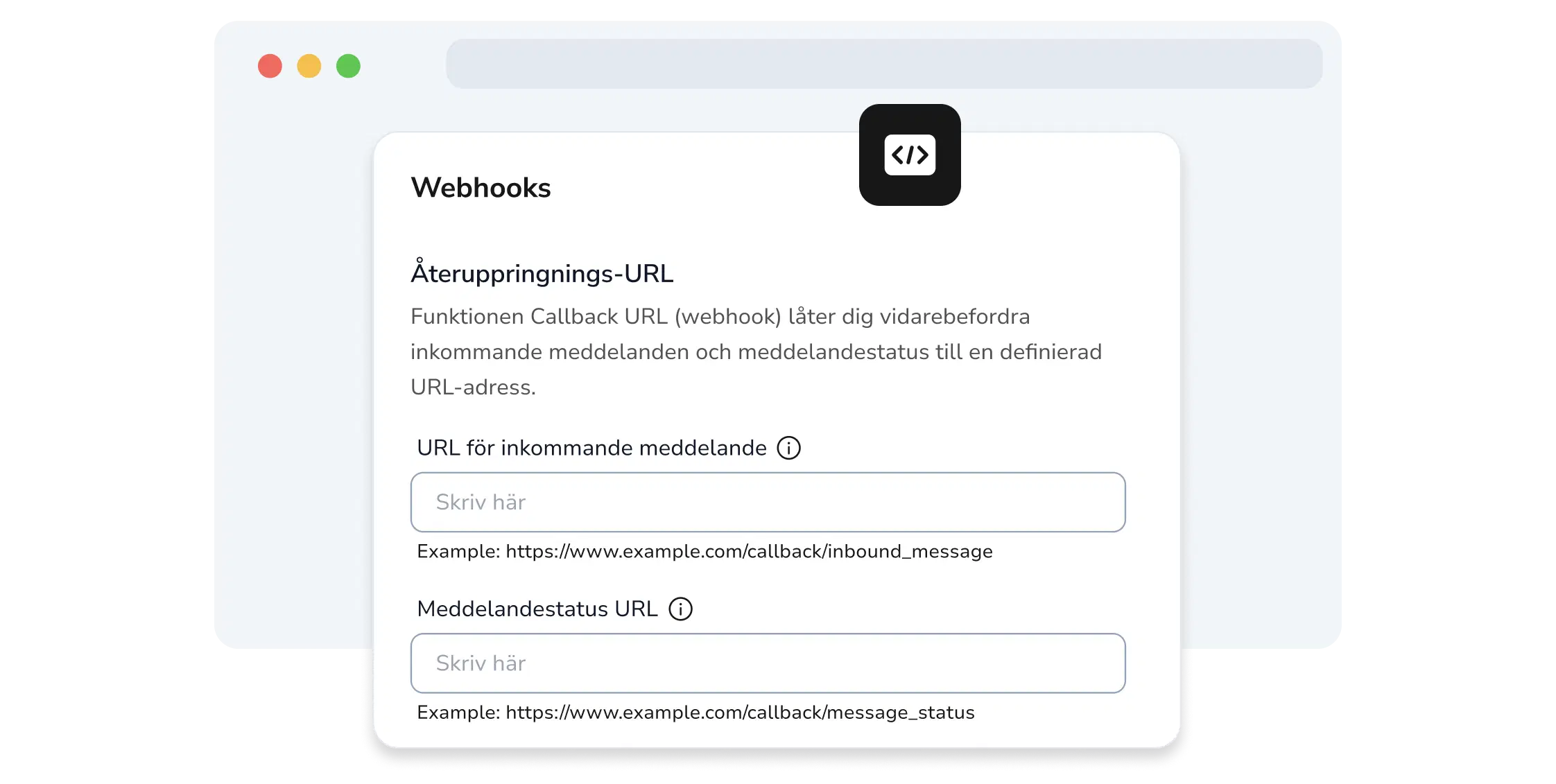 Skärmdump av TopMessages API-sida som visar Webhook-inställningsfält