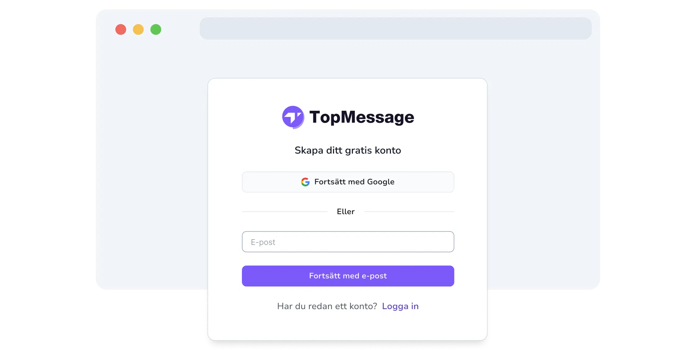 Skärmdump av TopMessages registreringssida