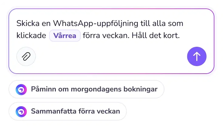 Promptfält där TopAgent ombeds skapa en uppföljning via WhatsApp