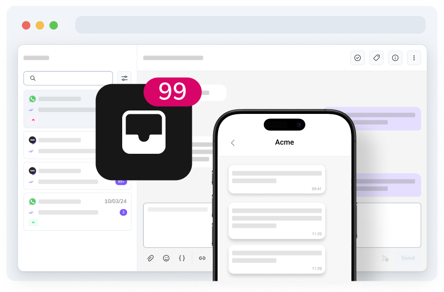 Gränssnitt för messagingplattform på en smartphone med notifieringsikon som visar 99 meddelanden, vilket representerar hög meddelandevolym.