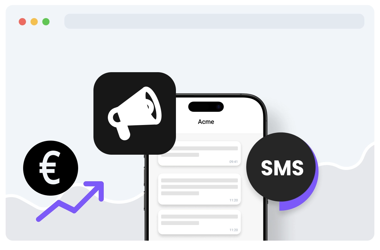 Smartphone med SMS- och megafon-ikoner, tillsammans med euro-symbol och uppåtgående pil, vilket representerar SMS-marknadsföring och intäktstillväxt.