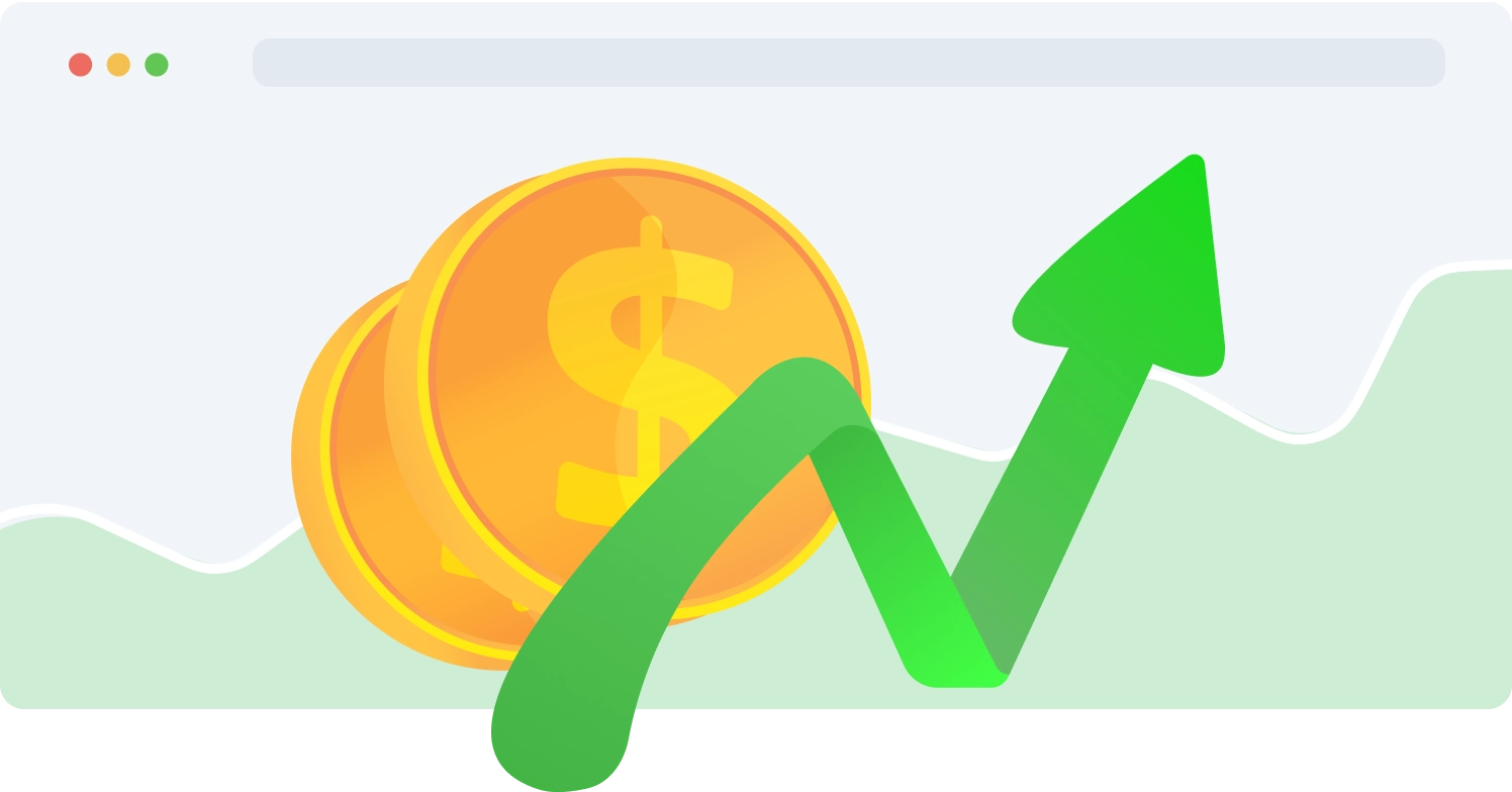 Affiliateprogramikon med guldmynt och en stigande grön pil som representerar affiliateintäkter och tillväxt.