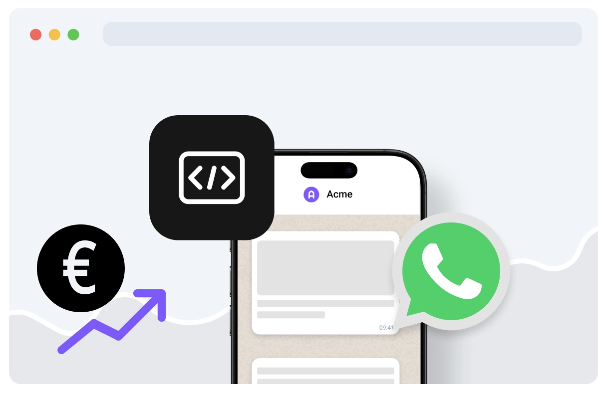 Smartphone med WhatsApp- och kodningsikoner, plus euro-symbol och uppåtgående pil, vilket representerar WhatsApp-integration och intäkter för utvecklare.