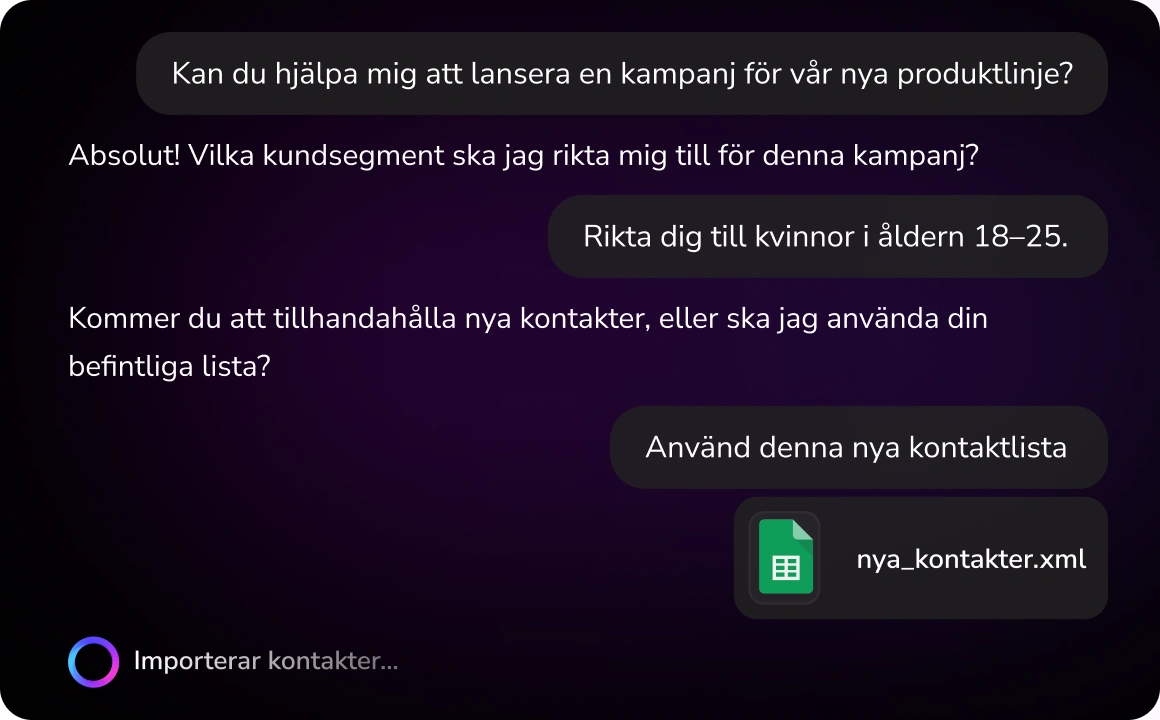 Skärmdump av TopMessage TopAgent-gränssnittet som uppmanar användaren att tillhandahålla information för att automatiskt skapa kampanjer, inklusive fält för kampanjmål, målgrupp och meddelandepreferenser