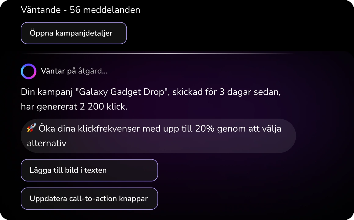 Skärmdump av TopMessage-gränssnittet som visar AI-styrda rekommendationer för att förbättra kundengagemanget automatiskt.