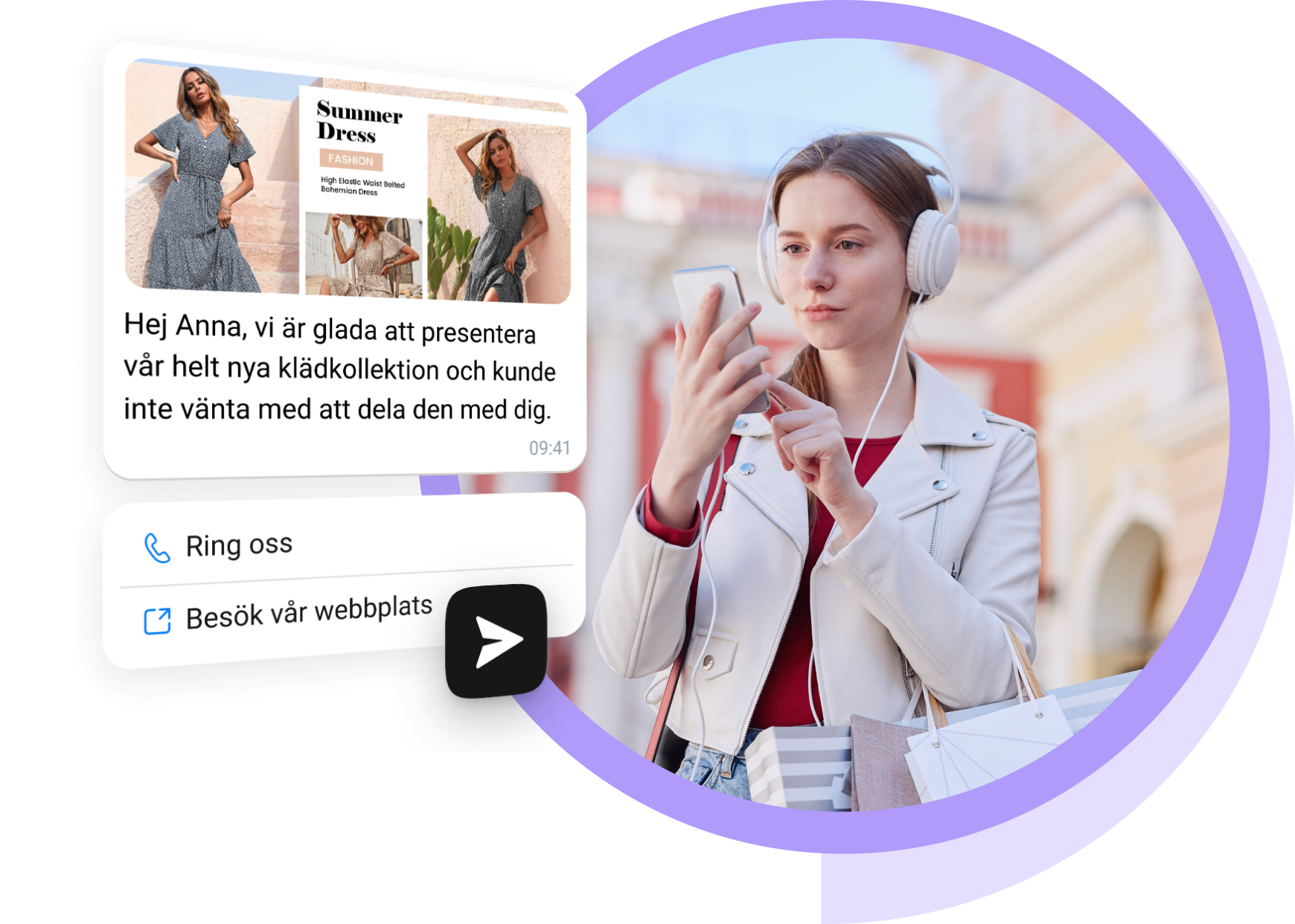 Tjej med vita hörlurar läser WhatsApp-meddelanden från e-commerce