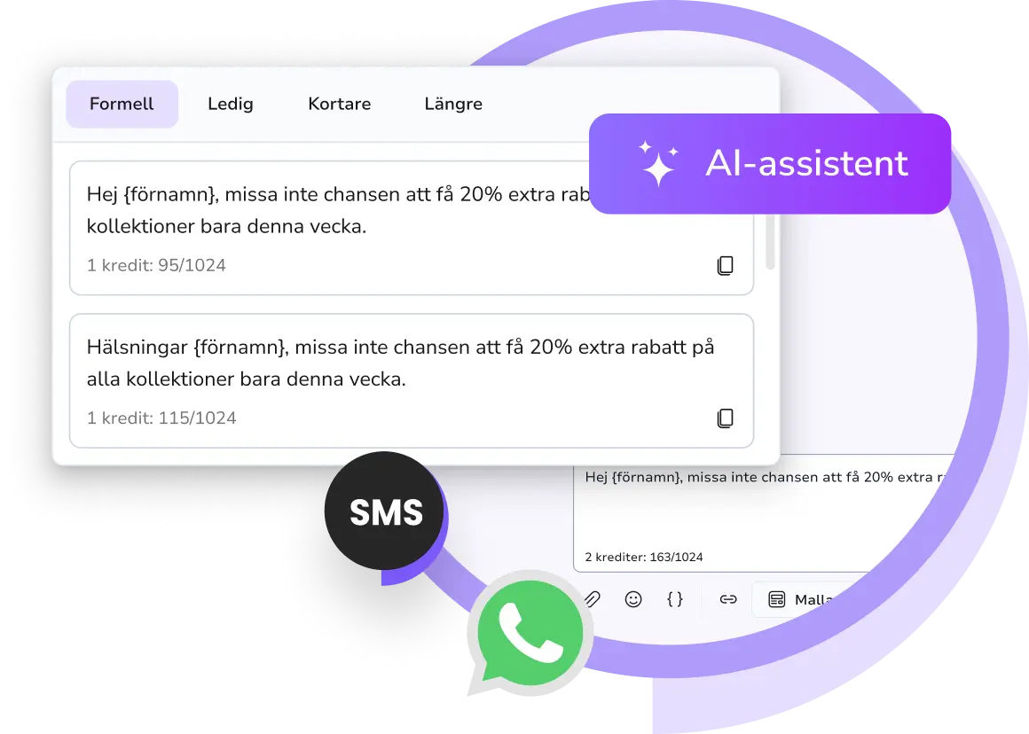 Skärmdump av TopMessage AI-assistent som genererar smarta svarsförslag och förbättrar kundmeddelanden via SMS och WhatsApp i den enhetliga inkorgen.