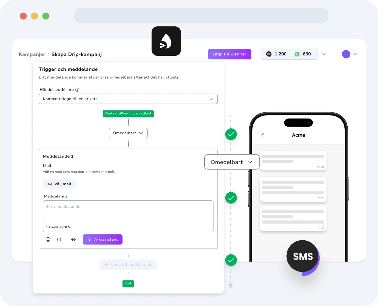 Skärmdump av TopMessages gränssnitt för SMS-droppkampanjer.