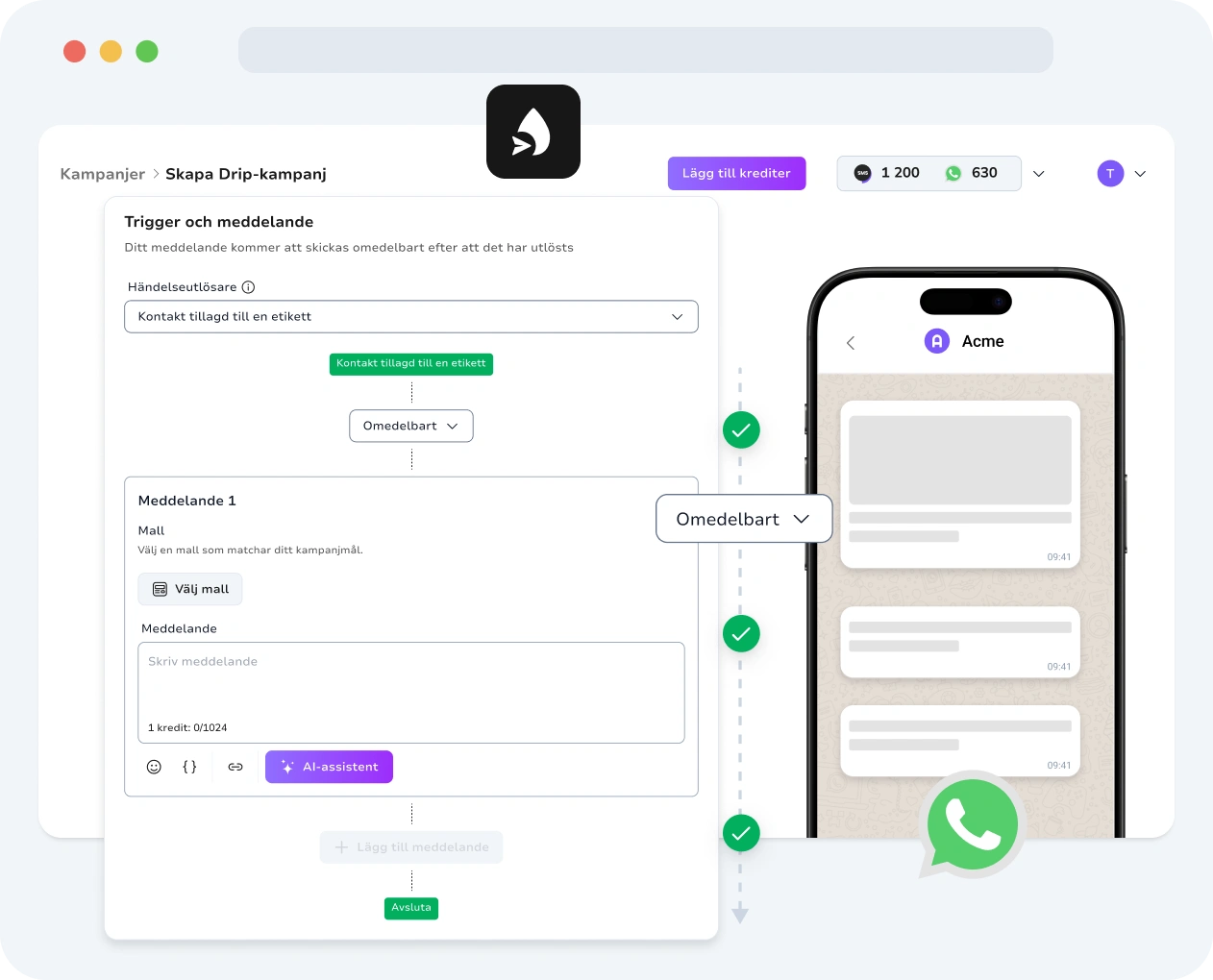 Skärmdump av TopMessages gränssnitt för WhatsApp-droppkampanjer.