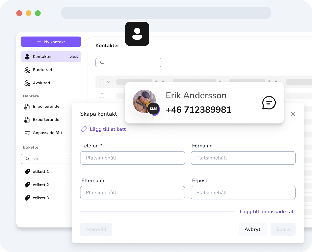 TopMessage kontakthantering med anpassade fält för att anpassa SMS- och WhatsApp-meddelanden