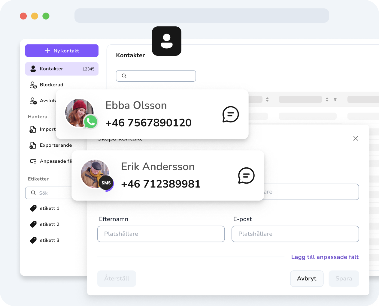 TopMessage kontakthantering med anpassade fält för att anpassa SMS- och WhatsApp-meddelanden