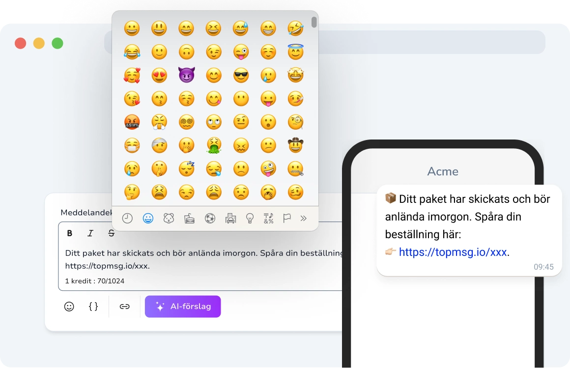 Chattkonversation på en smartphone med emojis som smileys, tummen upp och handgester för att lägga till personlighet och engagemang.