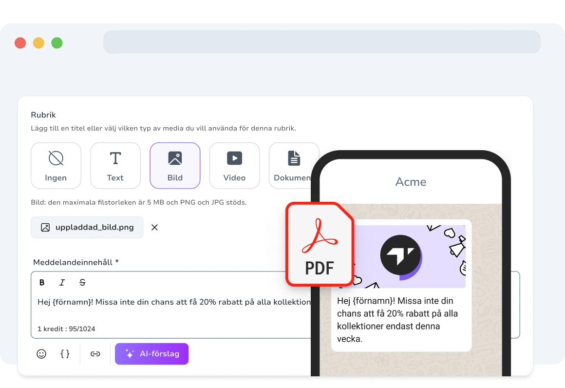 Användare som tar emot en bild, video, ljud och PDF via ett textmeddelande, vilket visar upp berikat multimediainnehåll för högre engagemang.