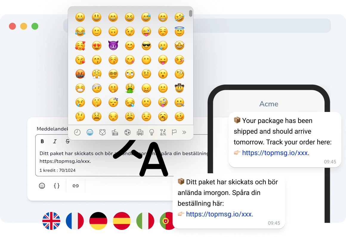 Smartphone som visar ett meddelande på flera språk, inklusive arabiska och kinesiska, med emojis och specialtecken för uttrycksfull kommunikation.