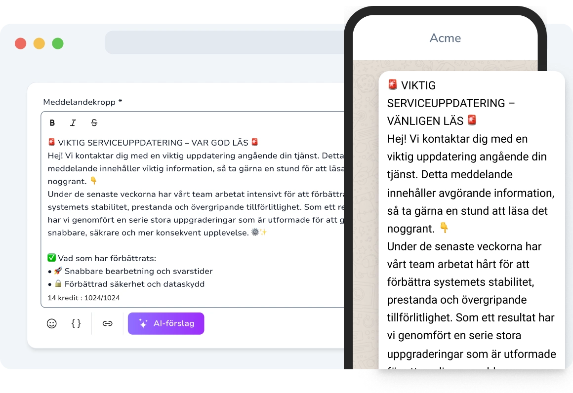 Telefon som visar ett långt SMS på över 1024 tecken, vilket levererar komplett innehåll i ett enda berikat meddelande.