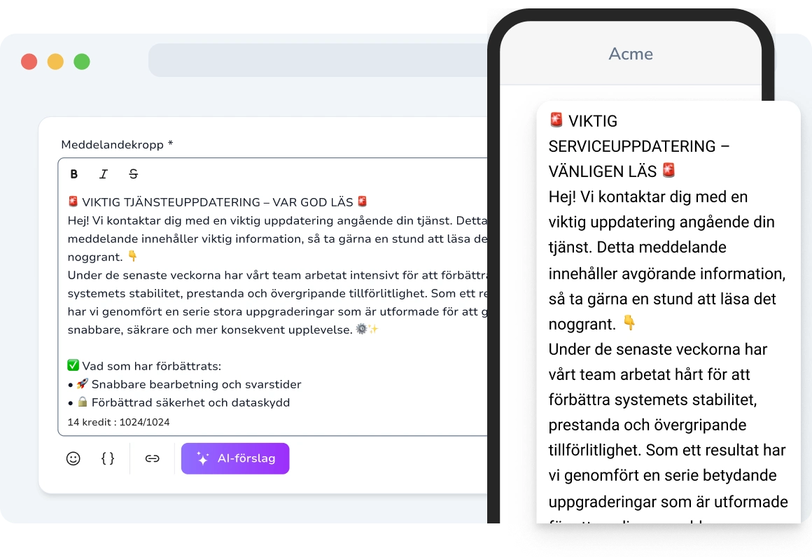 Visar ett långt SMS på upp till 1024 tecken, vilket levererar komplett information i ett enda meddelande utan att dela upp innehållet.