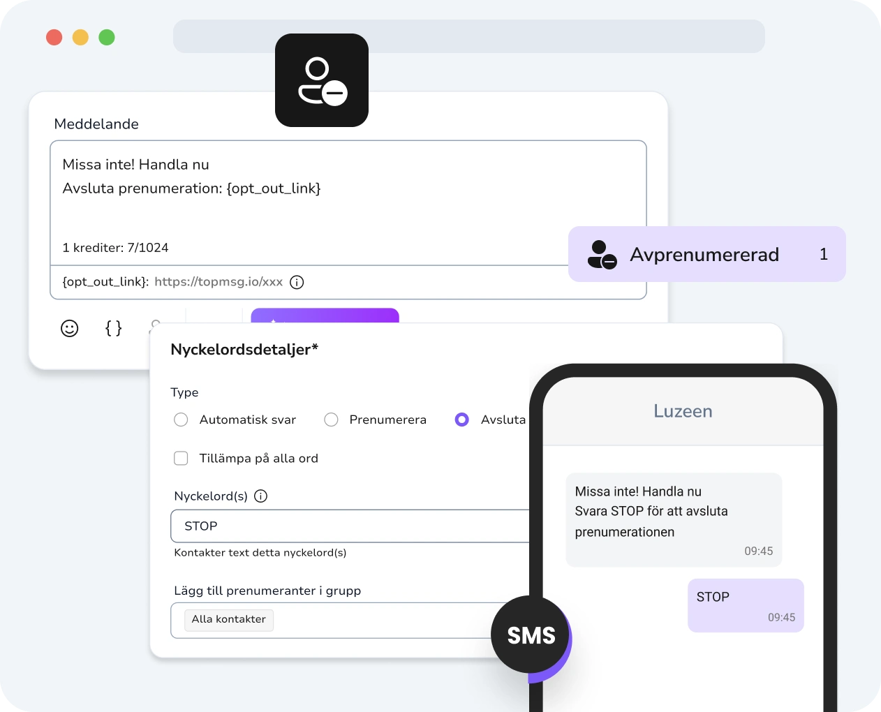 Skärmdump av TopMessages gränssnitt för droppkampanjer med tydligt visade opt-out-alternativ.