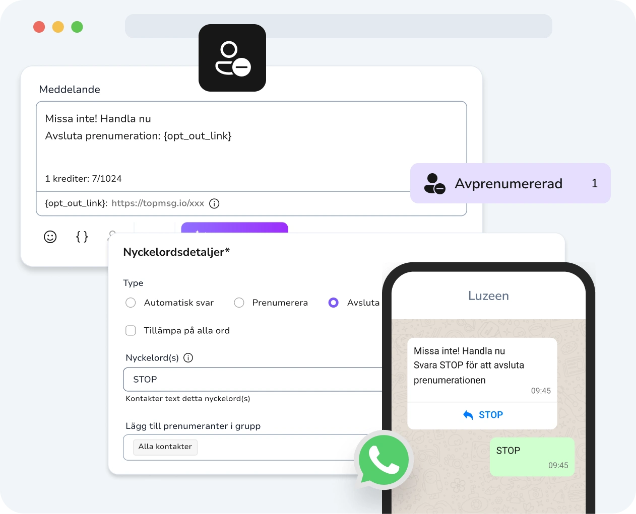 Skärmdump av TopMessages gränssnitt för WhatsApp-droppkampanjer med tydligt visade opt-out-alternativ.