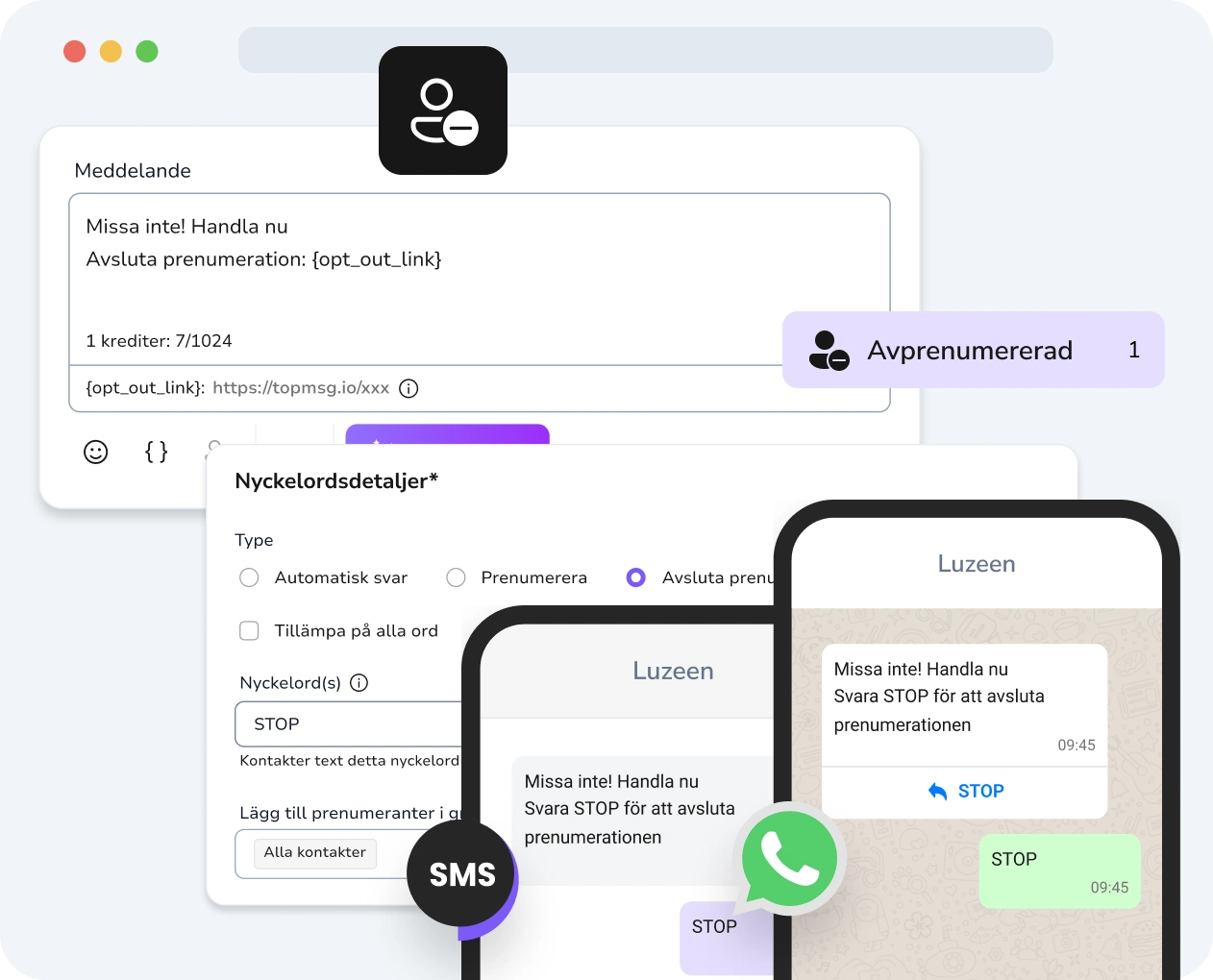 Skärmdump av TopMessages gränssnitt för droppkampanjer med tydligt visade opt-out-alternativ.
