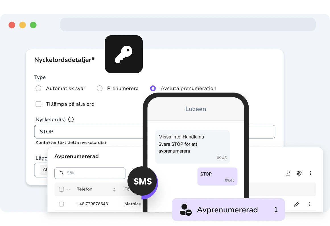 Visar en SMS-chatt där användaren skickar "STOP" eller "CANCEL" för att automatiskt avregistrera sig från framtida meddelanden.