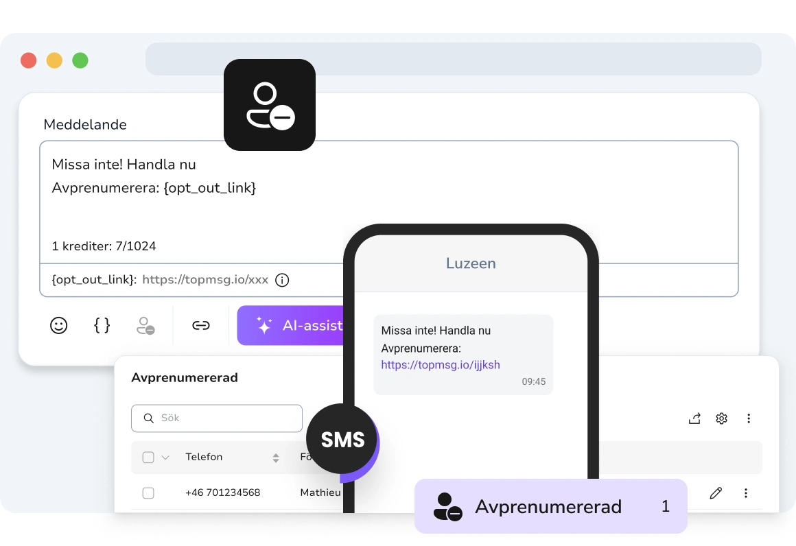 Visar ett textmeddelande med en klickbar avregistreringslänk, vilket gör att mottagaren enkelt kan avregistrera sig från kampanjer.
