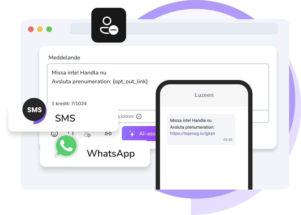 Skärmdump av TopMessage-appen som visar instrumentpanelen för opt-out-hantering för automatiserade meddelanden.