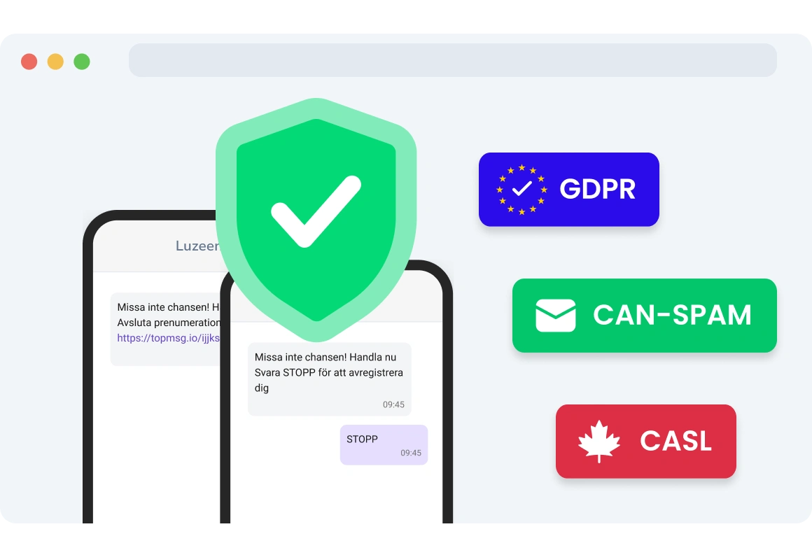 Illustration av ikoner för efterlevnad av GDPR, CAN-SPAM och CASL, som belyser enkla och lagliga opt-out-alternativ för mottagare av SMS.