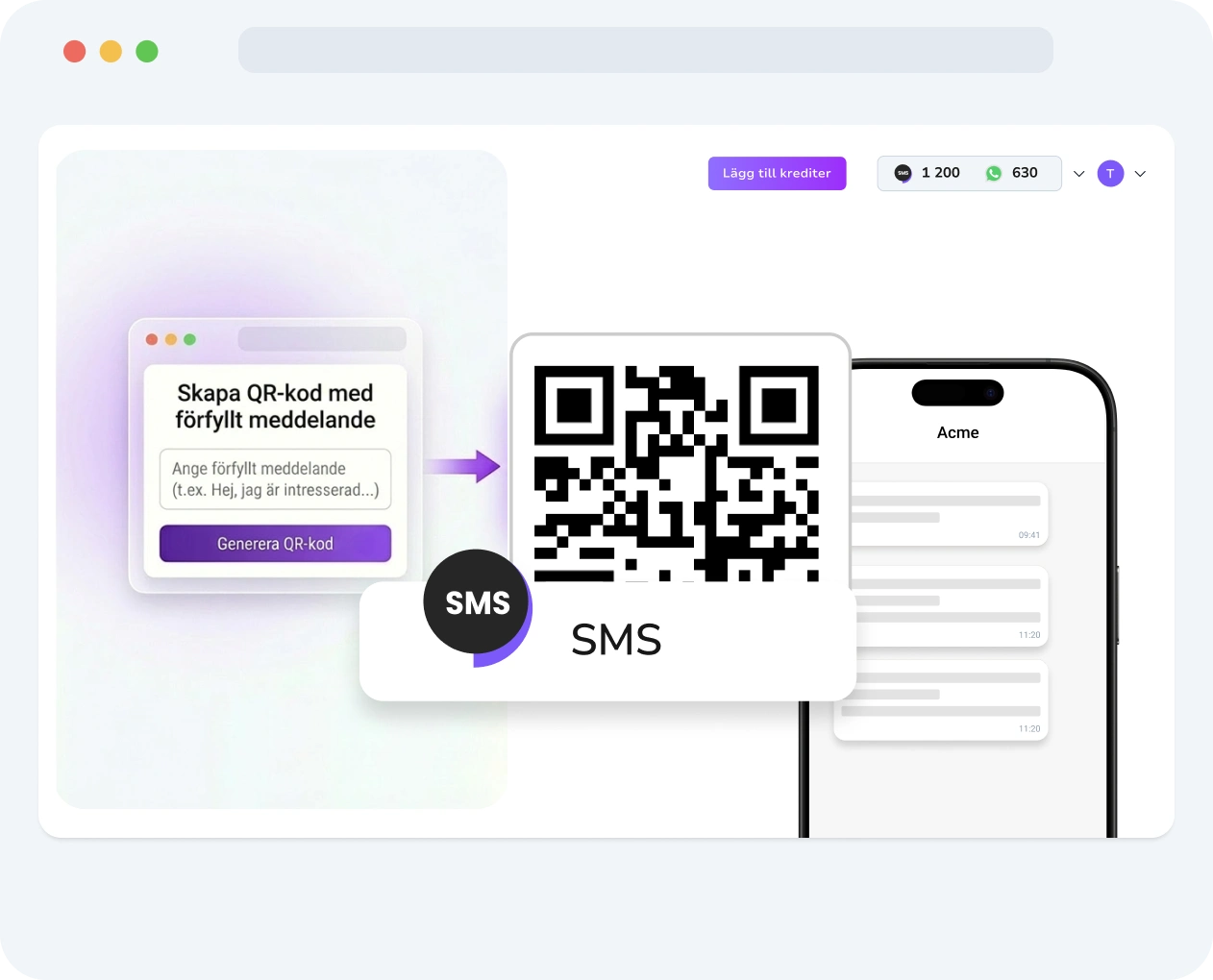 Skärmdump av TopMessages gränssnitt som visar verktyget för att skapa SMS-QR-koder med anpassning och prestandamått.