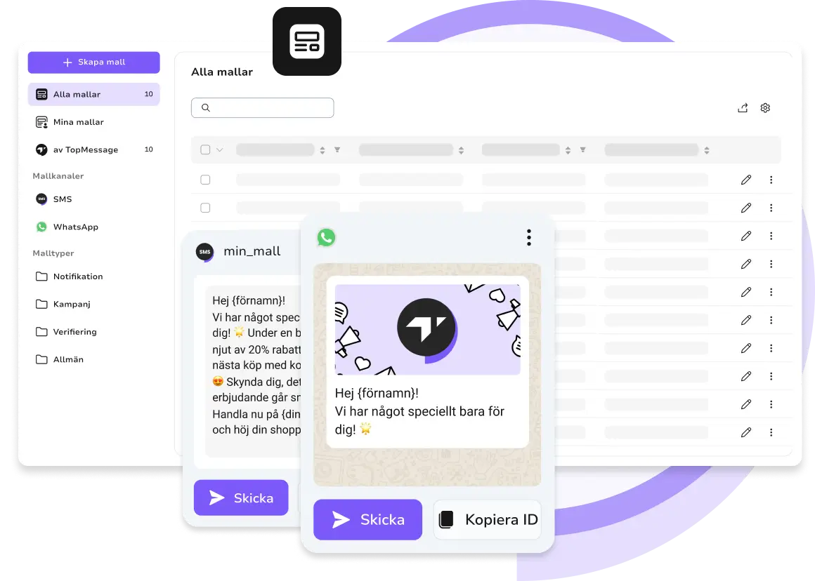 TopMessage-plattformsgränssnitt som visar WhatsApp-meddelandemallar för automatiserad och personlig kommunikation