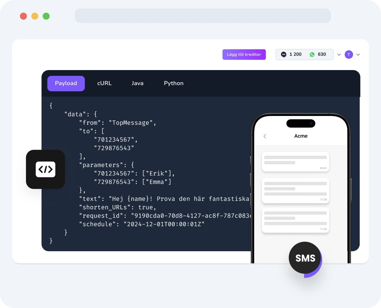 Skärmdump av TopMessages instrumentpanel som visar förfrågningar till SMS Verify API, tidslinjer för kodleverans och verifieringsresultat i realtid.