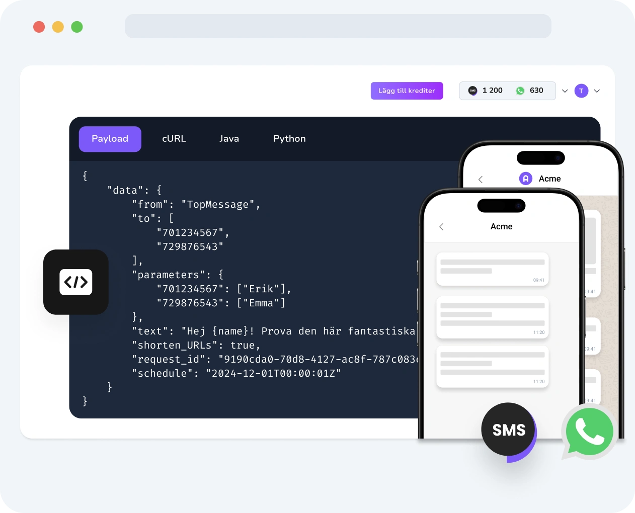Skärmdump av TopMessages gränssnitt som visar aktivitet i Verify API, inklusive verifieringsstatus, leveransresultat och prestanda för kodvalidering.