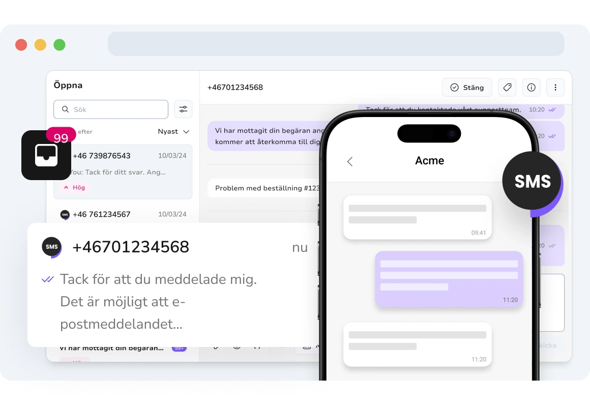 Skärmdump av en användare som interagerar med tvåvägs-SMS med hjälp av ett virtuellt TopMessage-nummer