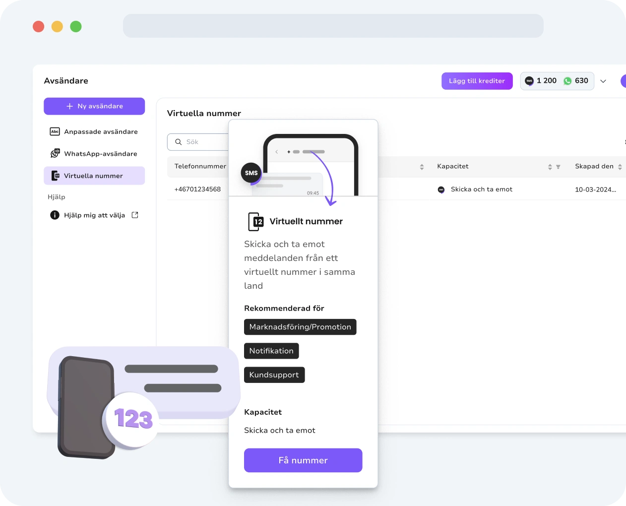 Skärmdump av TopMessages gränssnitt för virtuella SMS-nummer.