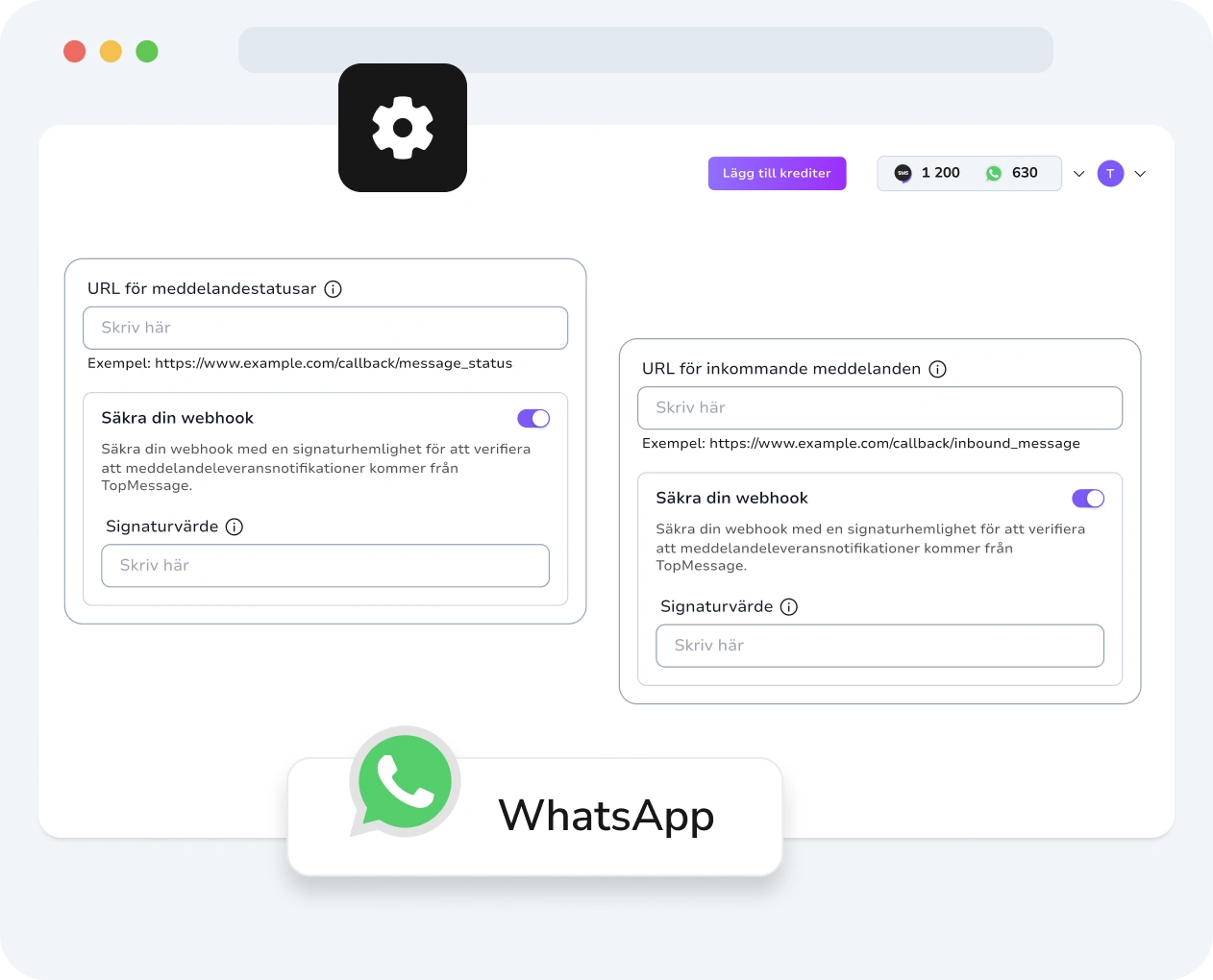 Skärmdump av TopMessages gränssnitt som visar inställningar för WhatsApp-webhooks med anpassning och prestandamått.