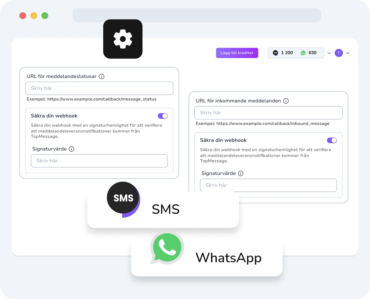 Skärmdump av TopMessages gränssnitt som visar skapande och konfiguration av webhooks med prestandamått.