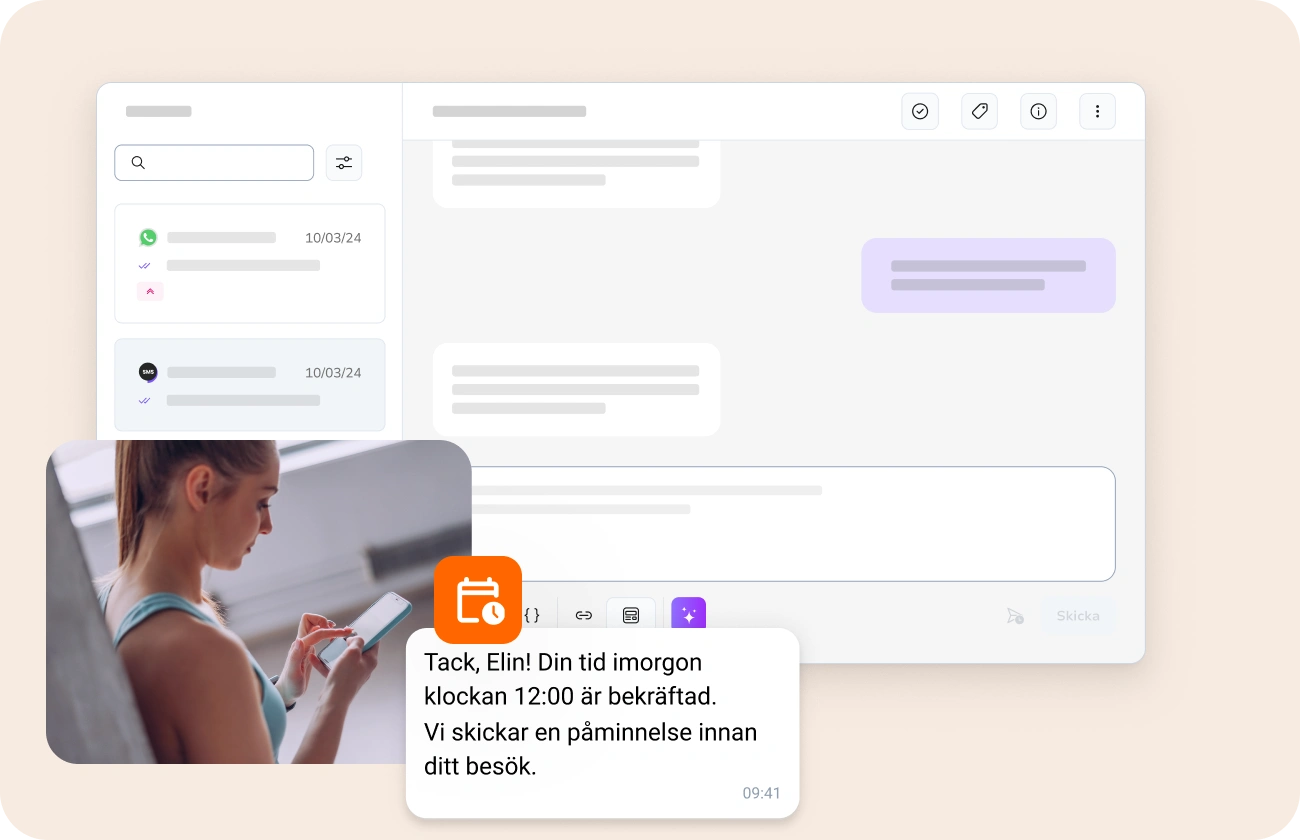 Kvinna kollar sin smartphone, tar emot en läkarbesökspåminnelse från TopMessage, med instrumentpanelen i bakgrunden.