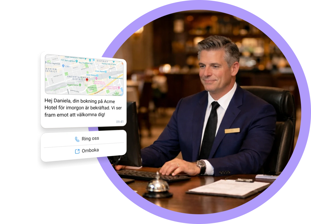 Restaurang- och hotellpersonal som hanterar gästbokningar och meddelanden via SMS och WhatsApp på en digital plattform