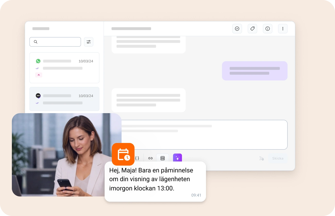 Mäklare och fastighetsproffs som kommunicerar med köpare, säljare och hyresgäster via SMS och WhatsApp under hela fastighetsresan.