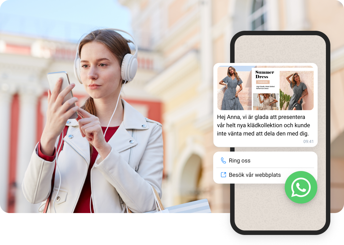 Flicka med vita hörlurar som läser WhatsApp-meddelanden från e-handel