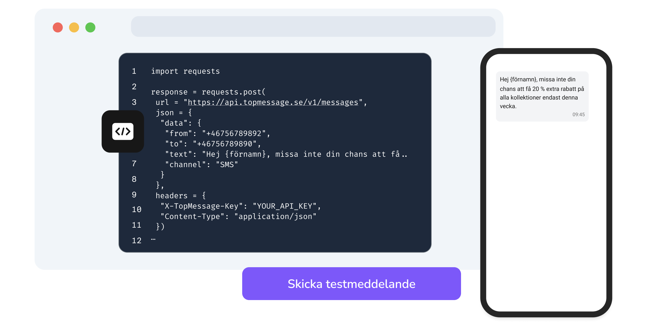Skärmdump av TopMessages API-sida som visar testfunktionen för SMS-kod