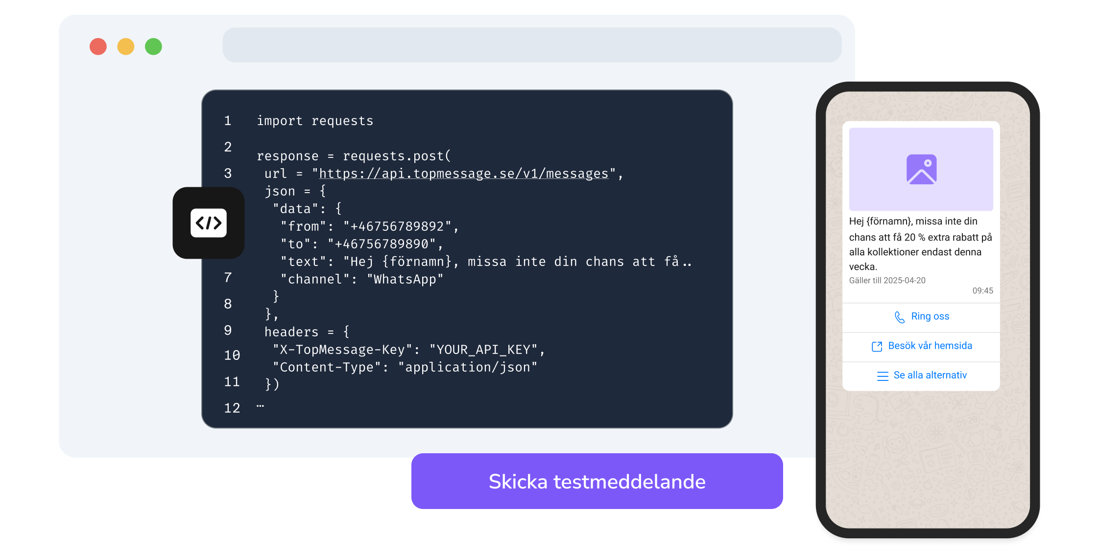 Skärmdump av API-sidan i TopMessage som visar testfunktionen för WhatsApp-kod.