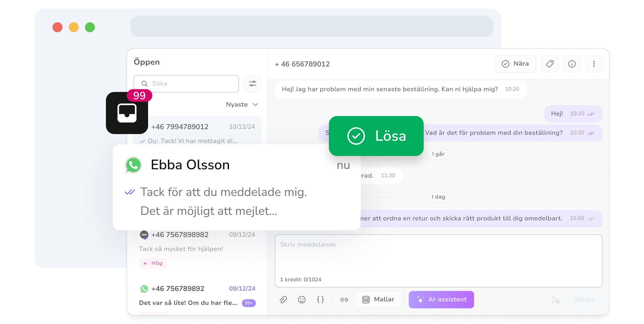 Skärmdump av TopMessages enhetliga meddelandeinkorg med lösta WhatsApp-konversationer
