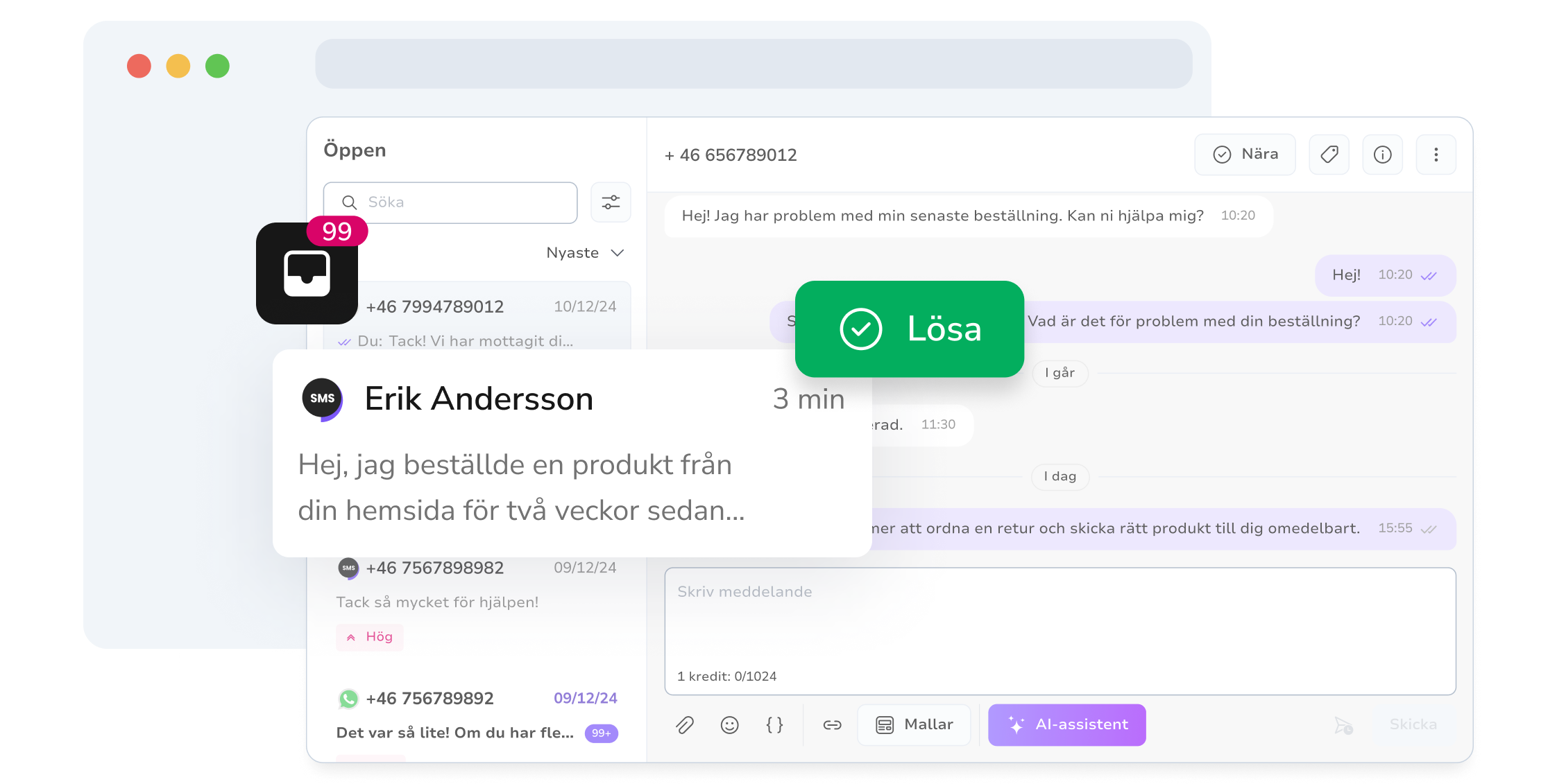 Skärmdump av TopMessages enhetliga meddelandeinkorg med lösta SMS-konversationer