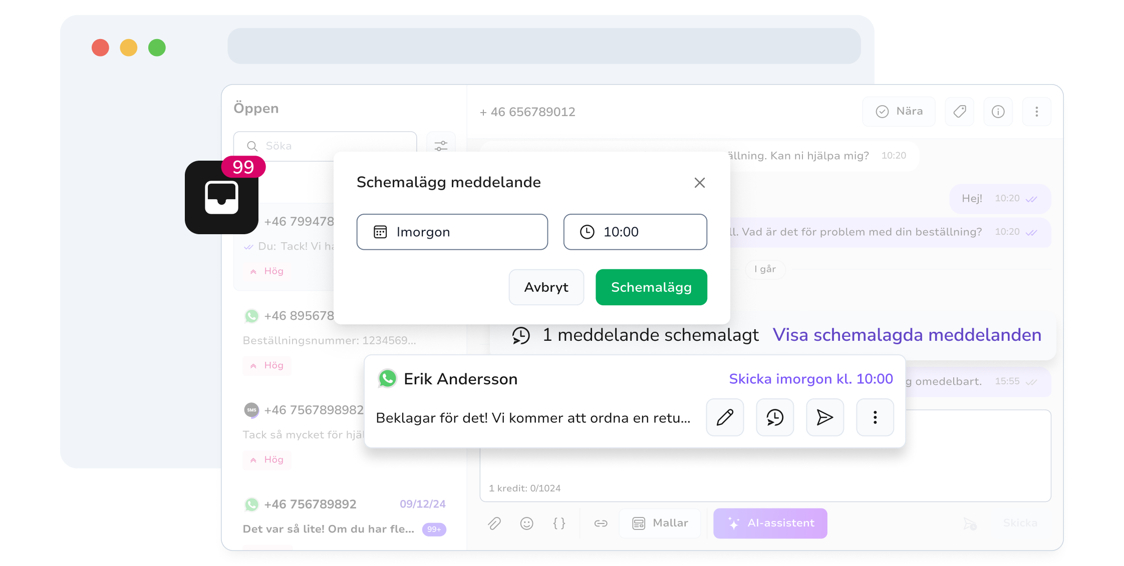 Skärmdump av TopMessages WhatsApp-inkorgssida med schemaläggningsfunktion