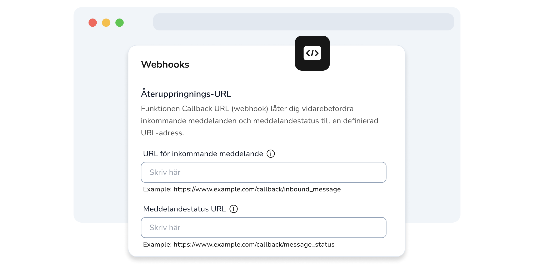 Skärmdump av API-sidan i TopMessage som visar fälten för att ställa in webhookar.