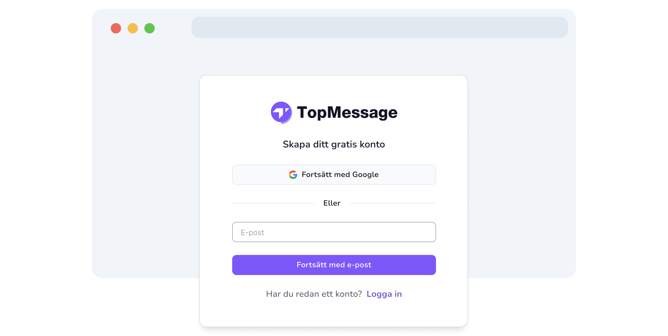 Skärmdump av TopMessages registreringssida